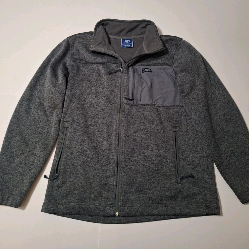 AFTCO AFTECH Mens Medium Gray Full Zip Sweater Fleece Fishing Jacket M Pockets
